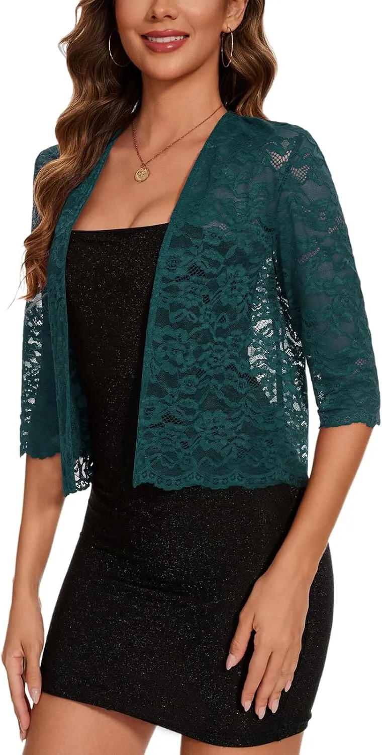 MINTLIMIT Women's Elegant 3/4 Sleeve Floral Lace Bolero Shrug Cropped Open Front Cardigan Shrug Tops