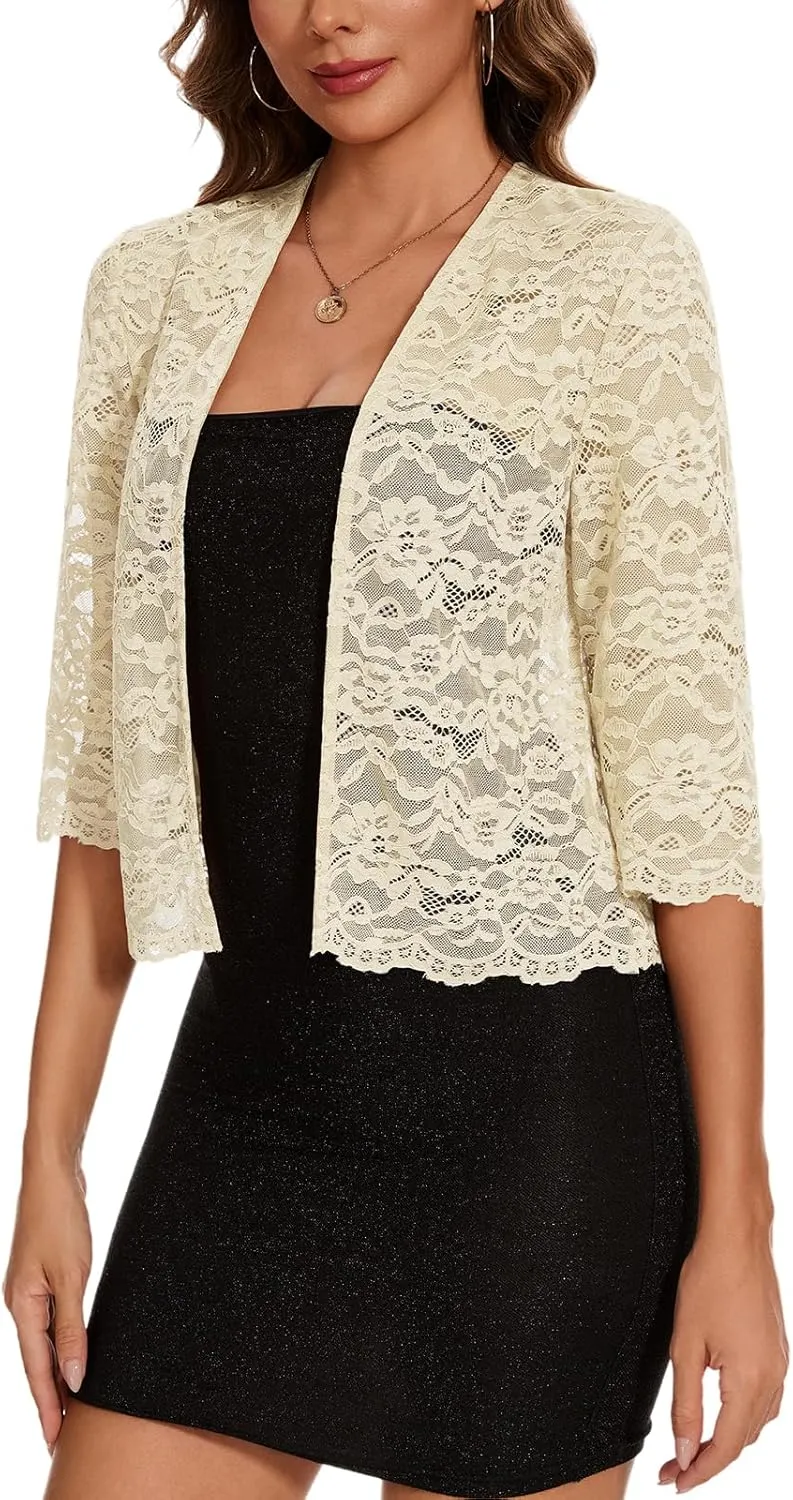 MINTLIMIT Women's Elegant 3/4 Sleeve Floral Lace Bolero Shrug Cropped Open Front Cardigan Shrug Tops
