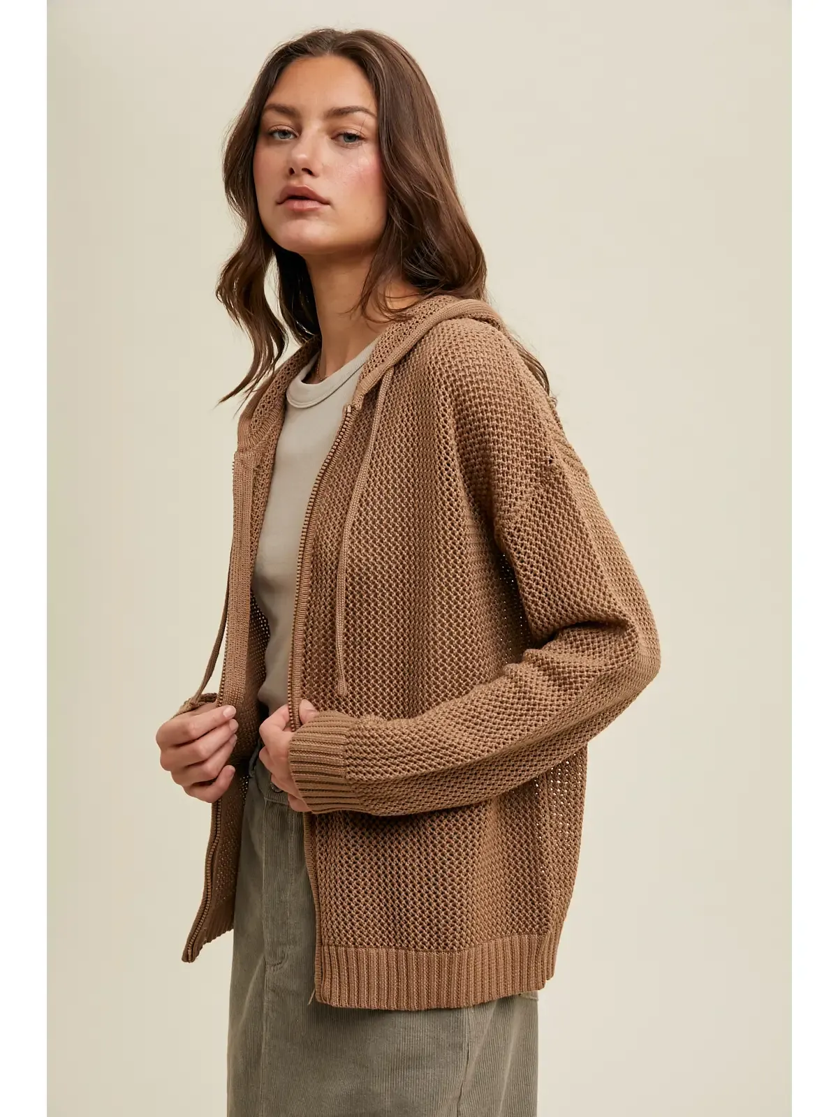 Mocha Crochet Sweater Zip-Up Hoodie
