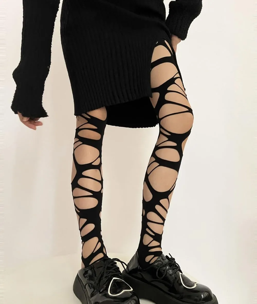 Mrotrida Women's Ripped Tights Gothic Punk Perforated Stocking Y2k Ragged Pantyhose Hosiery