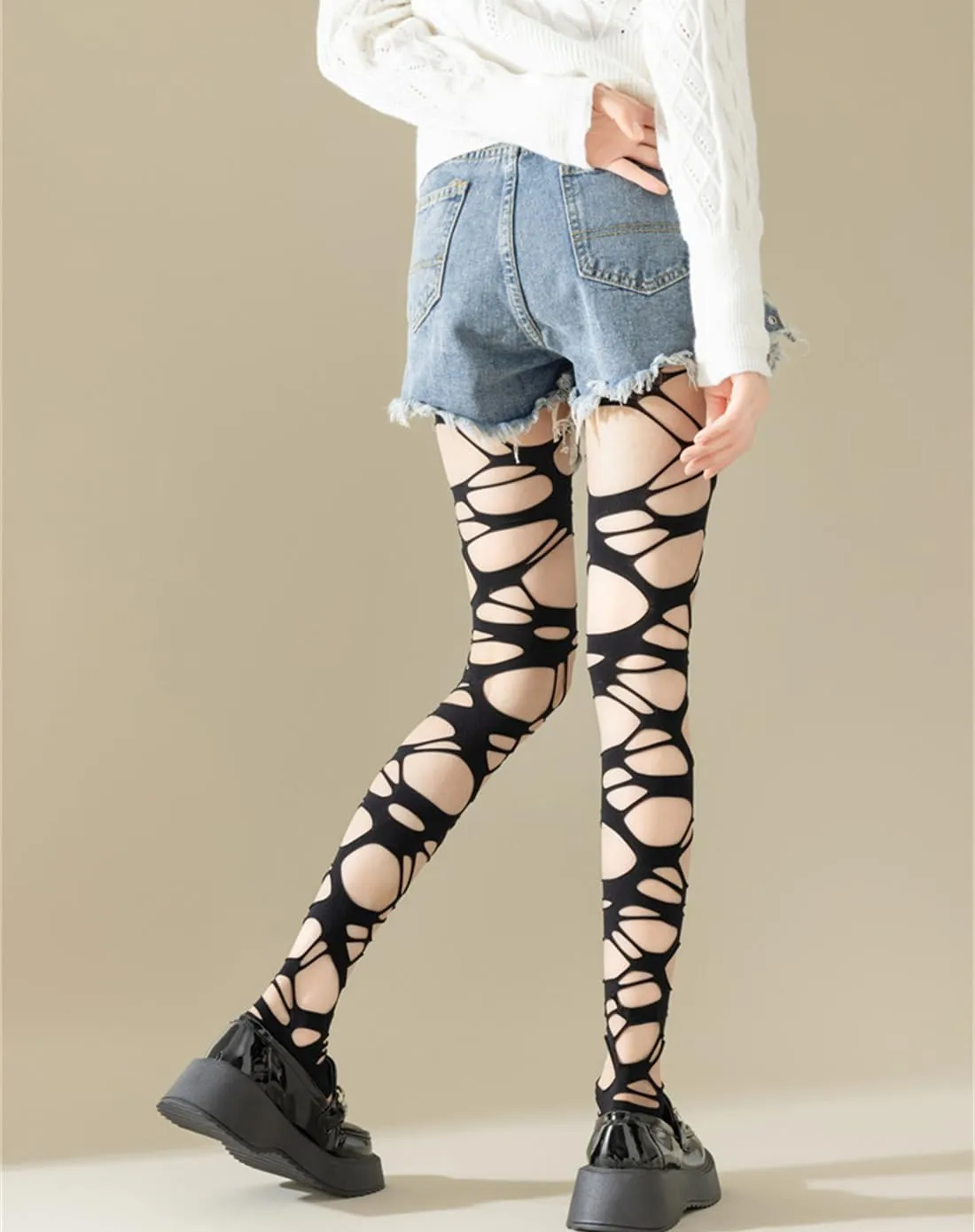 Mrotrida Women's Ripped Tights Gothic Punk Perforated Stocking Y2k Ragged Pantyhose Hosiery