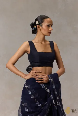 Navy Blue Pure Silk Organza Bow Blouse