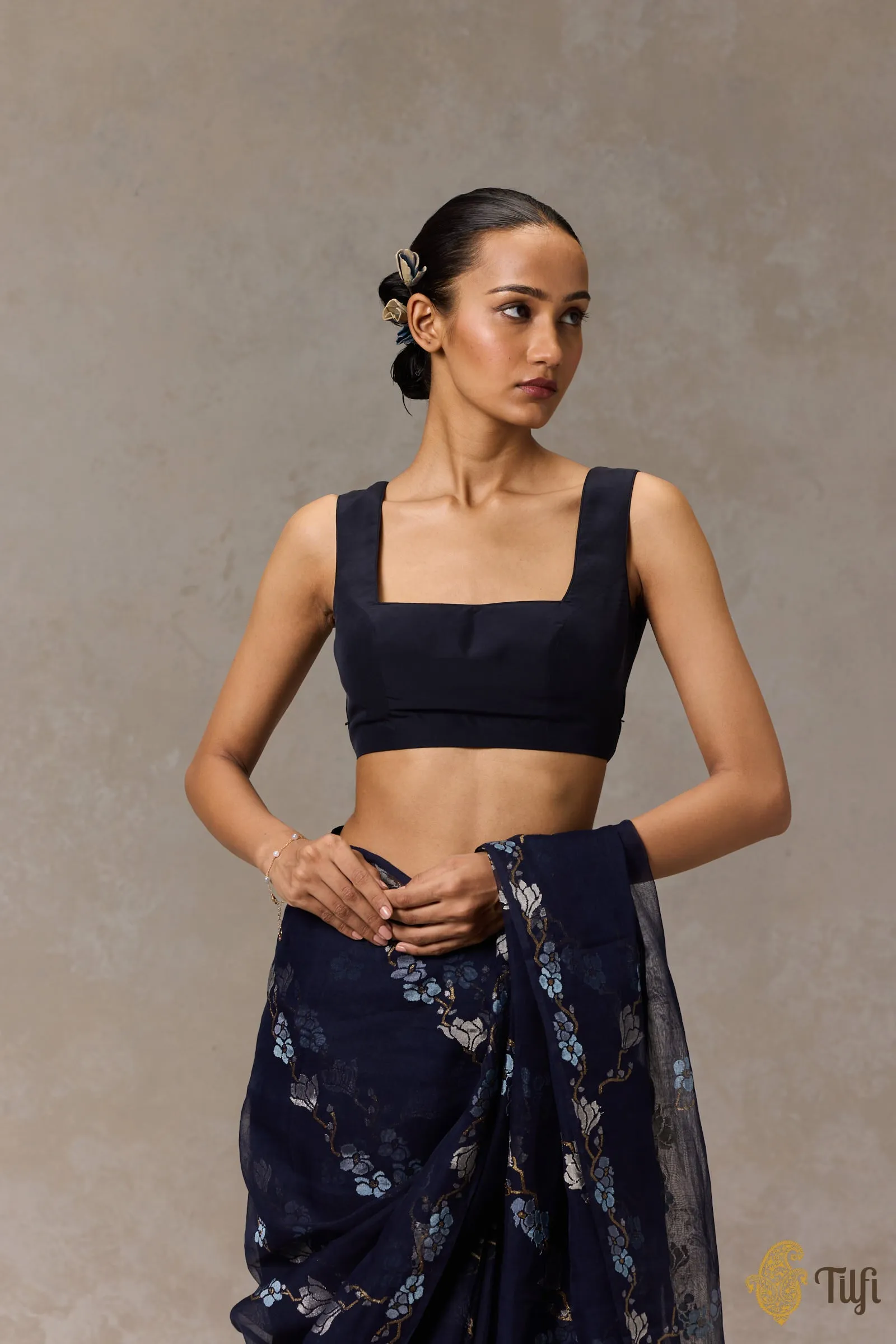 Navy Blue Pure Silk Organza Bow Blouse