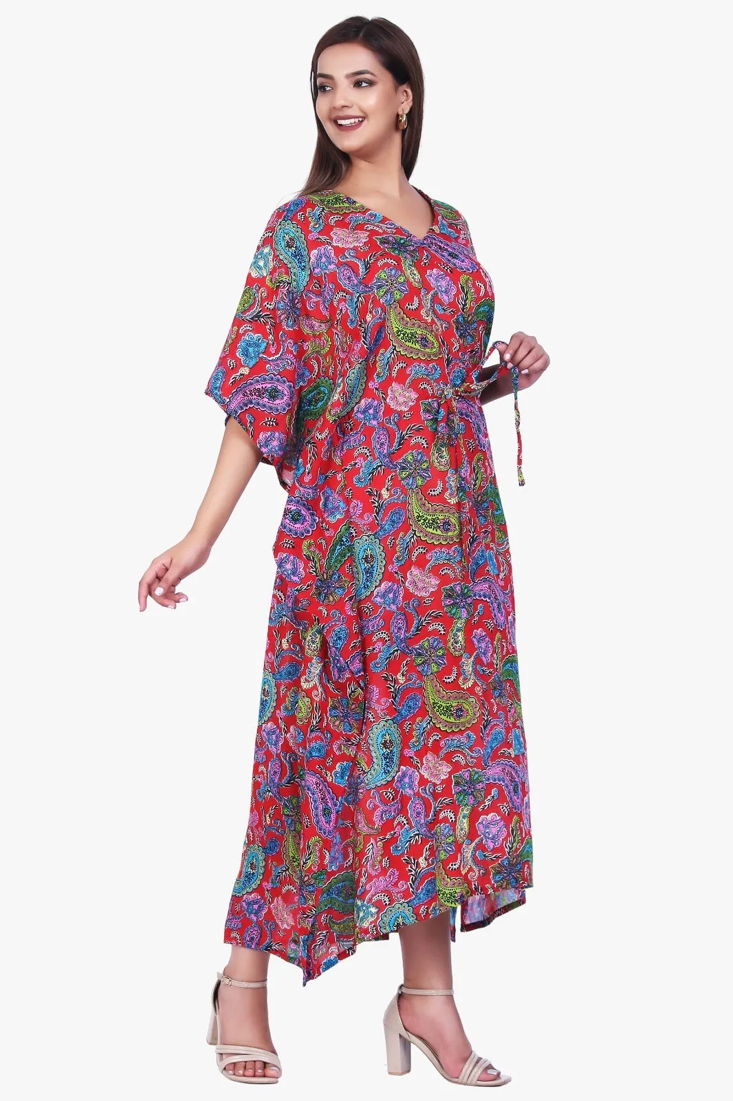 New Women Paisley Print Casual Summer Beachwear Kaftan with Drawstring Free Size