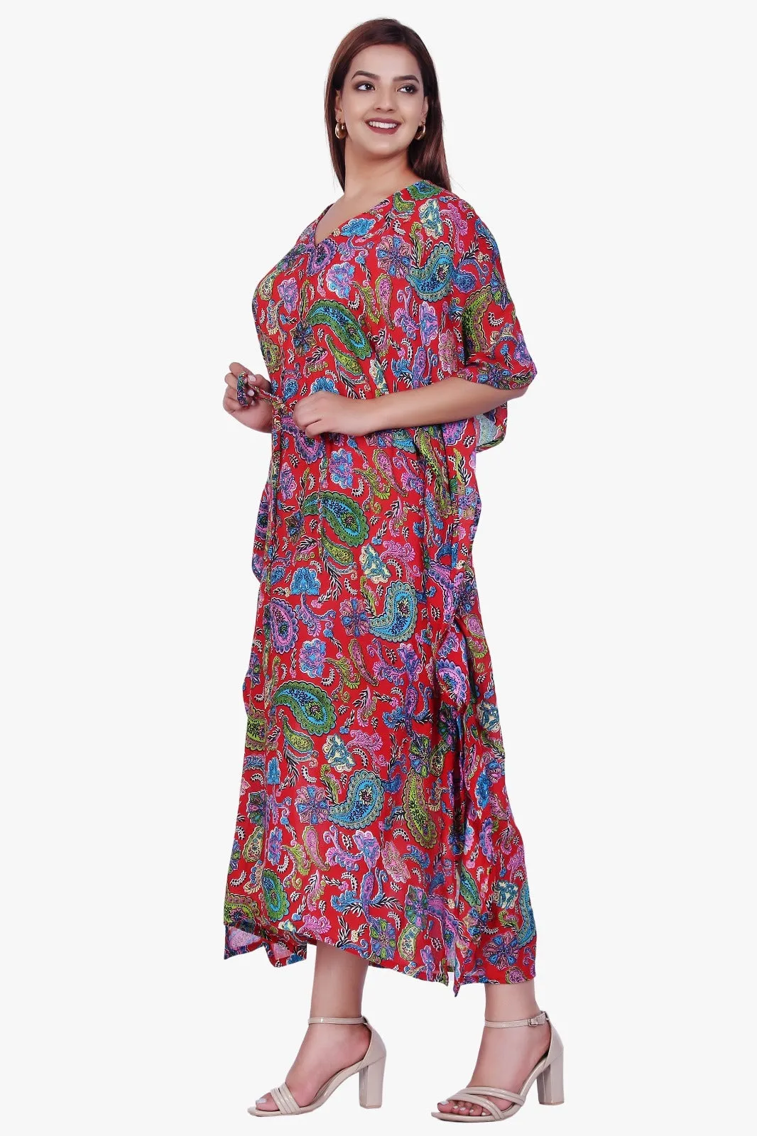 New Women Paisley Print Casual Summer Beachwear Kaftan with Drawstring Free Size