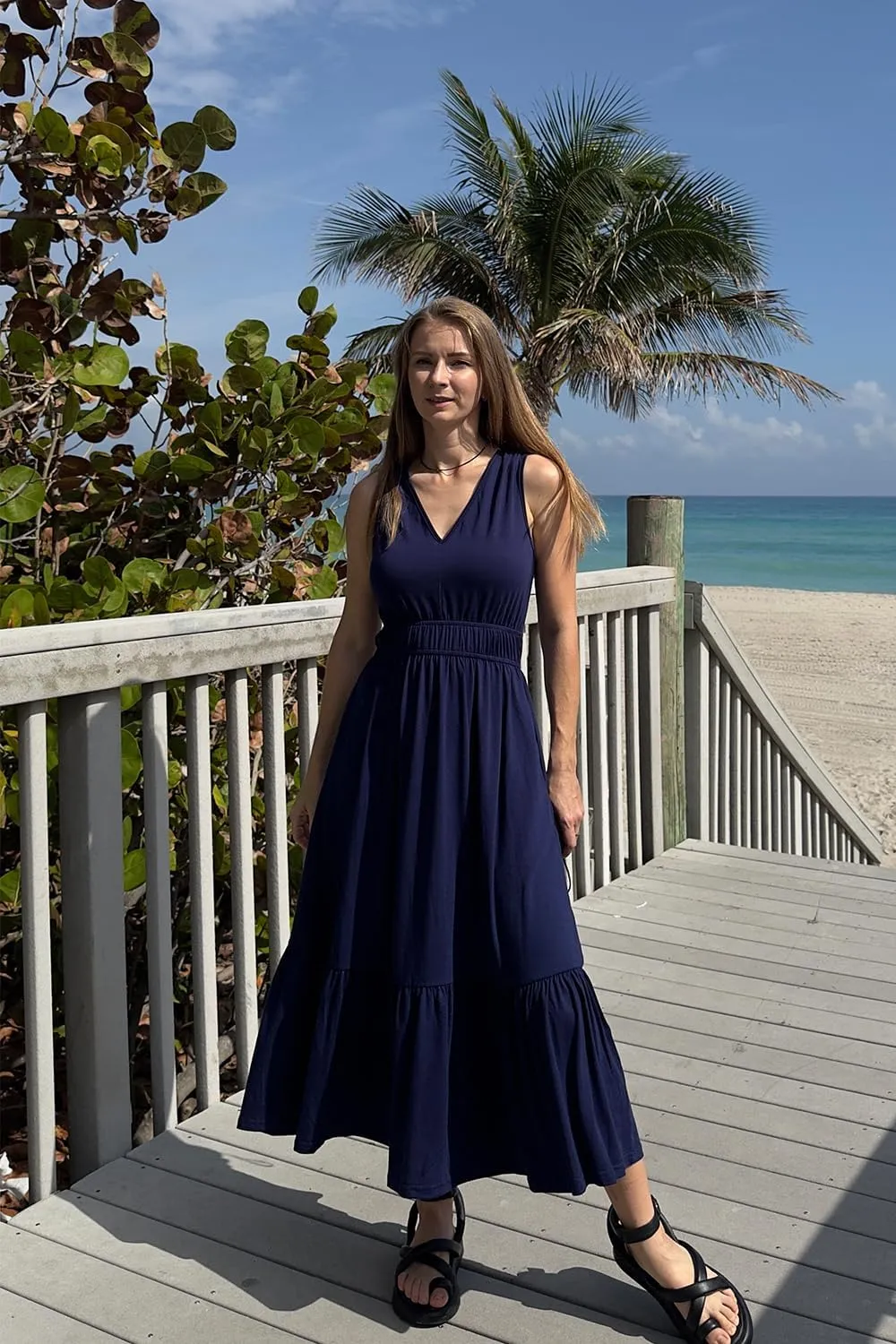 Newshows Women's 2025 Summer Dress Vacation V Neck Sleeveless Midi Dress Tiered Tank Swing Sundress with Pockets