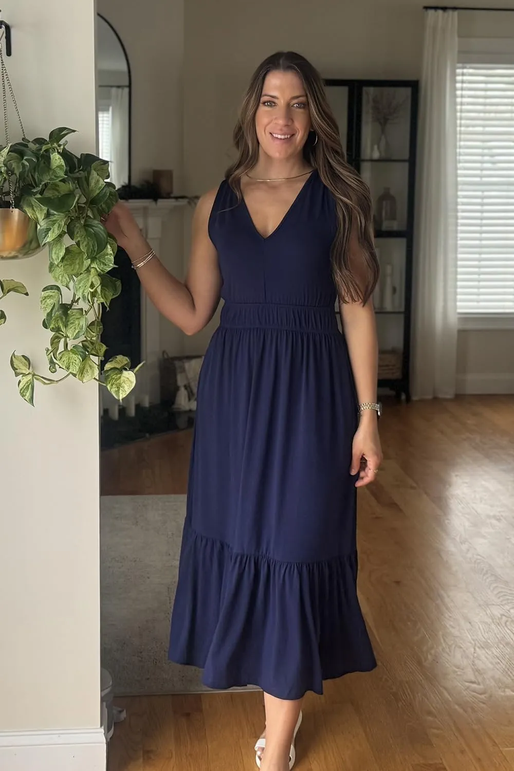 Newshows Women's 2025 Summer Dress Vacation V Neck Sleeveless Midi Dress Tiered Tank Swing Sundress with Pockets