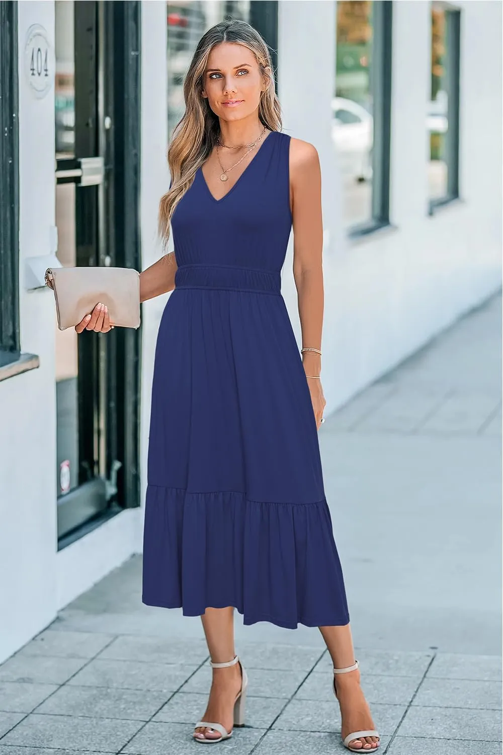 Newshows Women's 2025 Summer Dress Vacation V Neck Sleeveless Midi Dress Tiered Tank Swing Sundress with Pockets