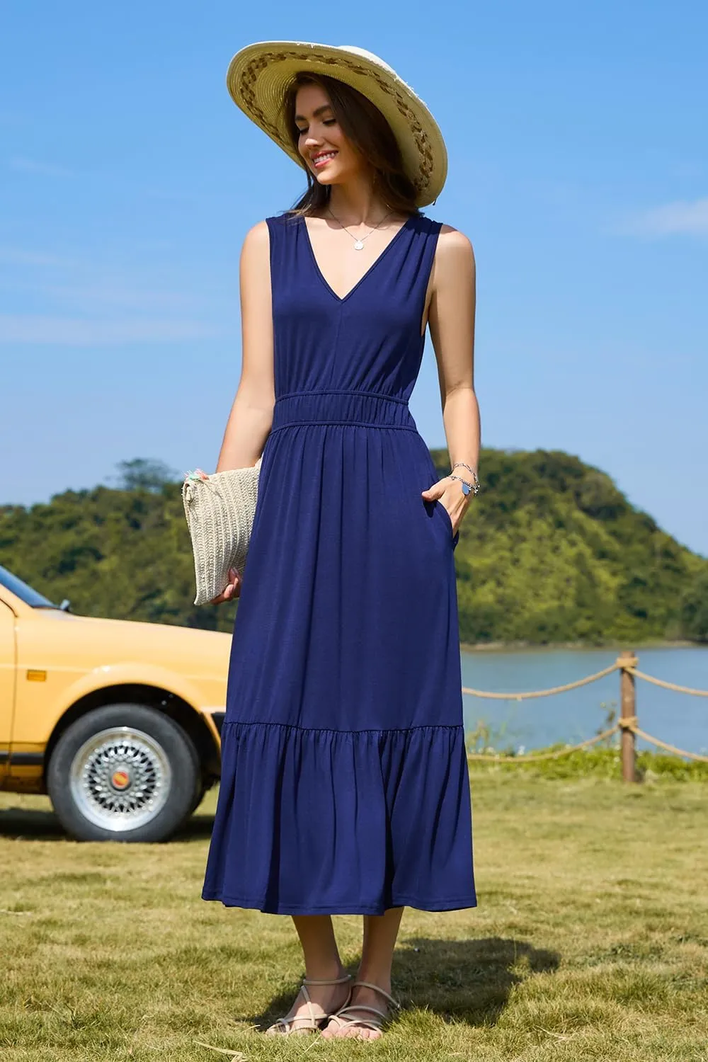 Newshows Women's 2025 Summer Dress Vacation V Neck Sleeveless Midi Dress Tiered Tank Swing Sundress with Pockets