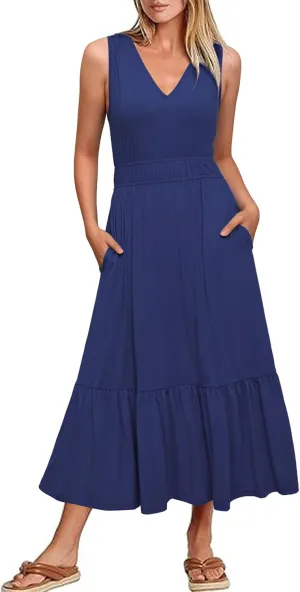 Newshows Women's 2025 Summer Dress Vacation V Neck Sleeveless Midi Dress Tiered Tank Swing Sundress with Pockets