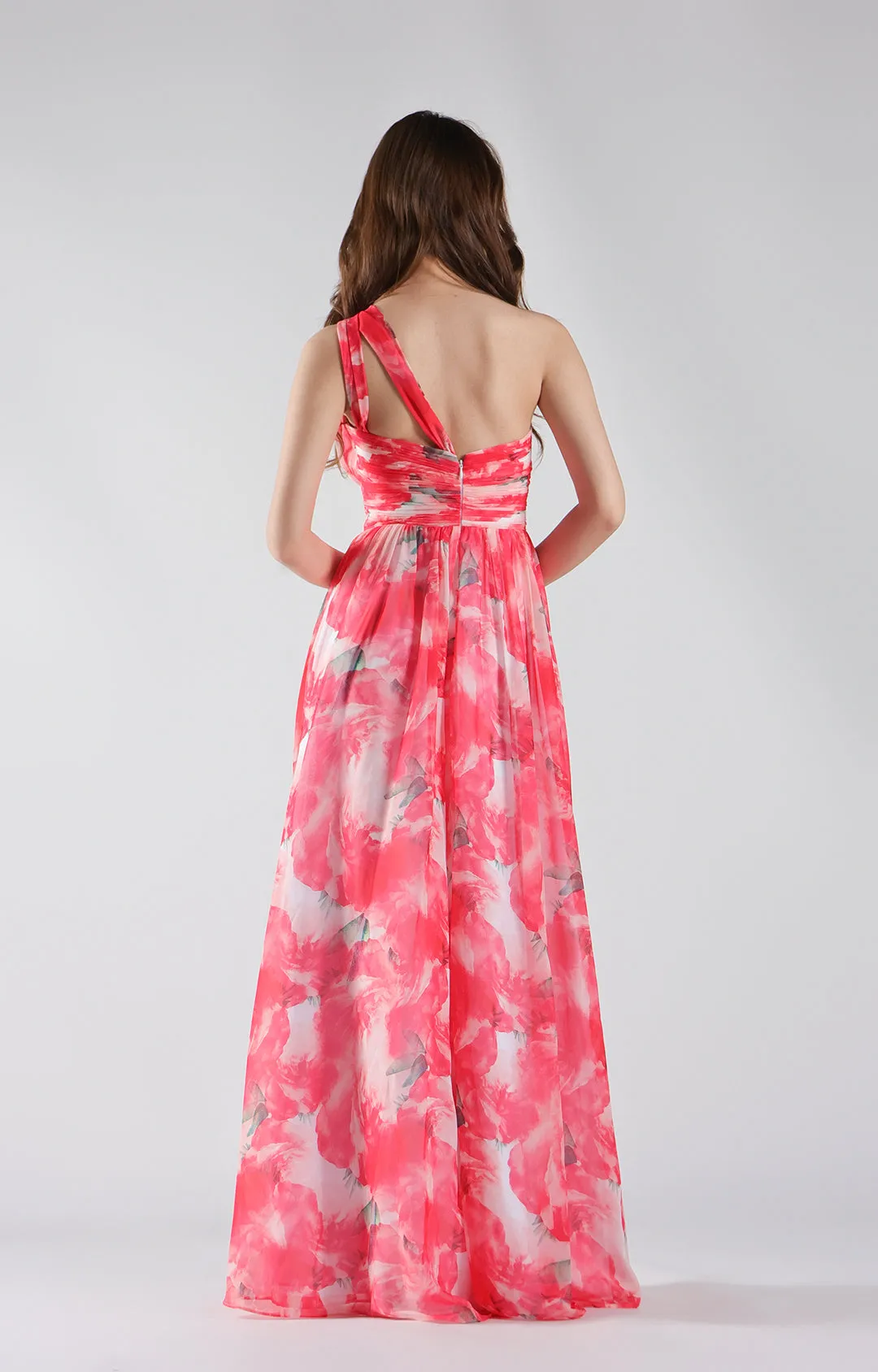 One Shoulder Floral Print Pleated Waist Dresses