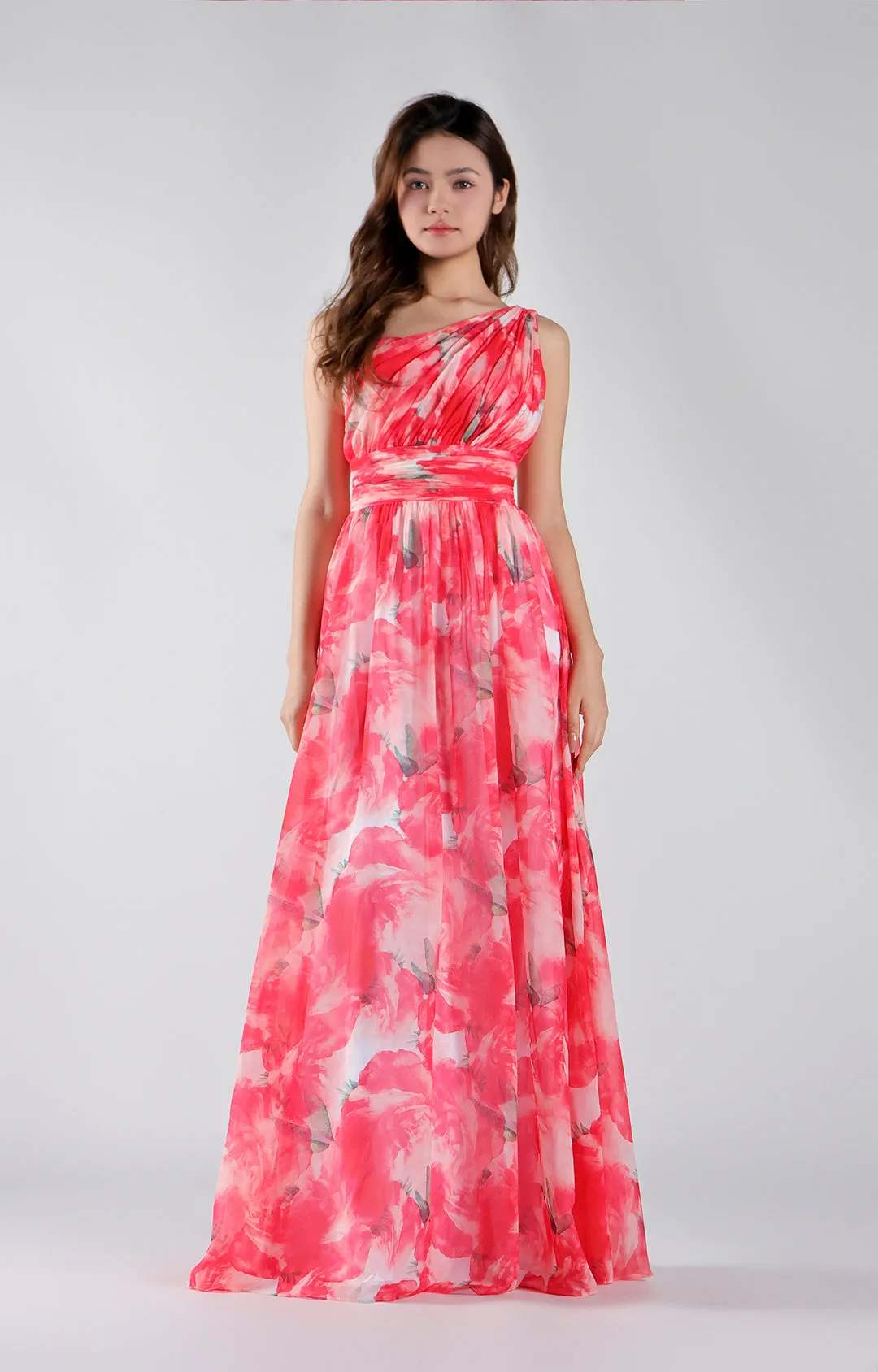 One Shoulder Floral Print Pleated Waist Dresses