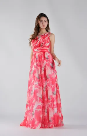 One Shoulder Floral Print Pleated Waist Dresses
