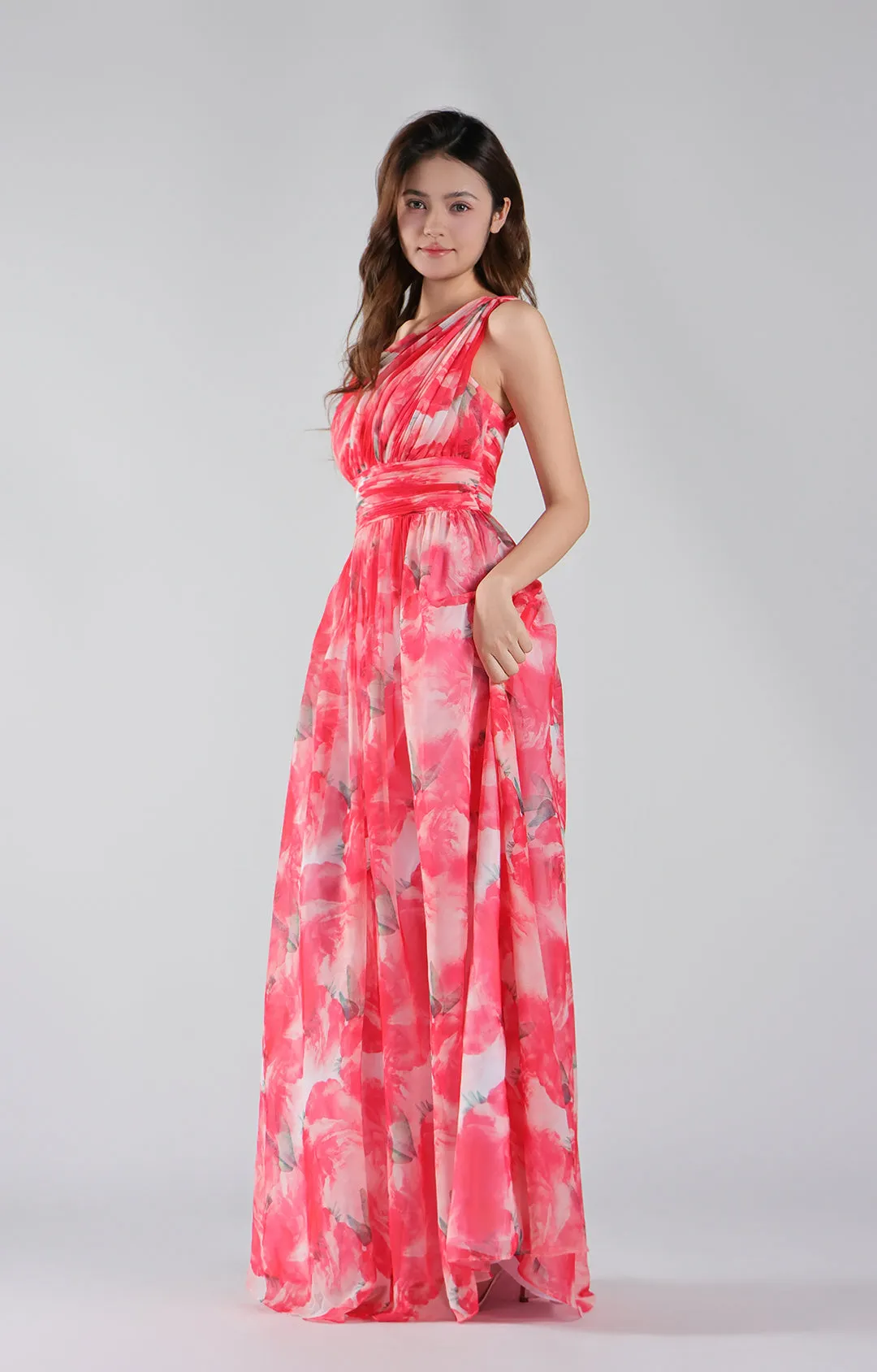 One Shoulder Floral Print Pleated Waist Dresses