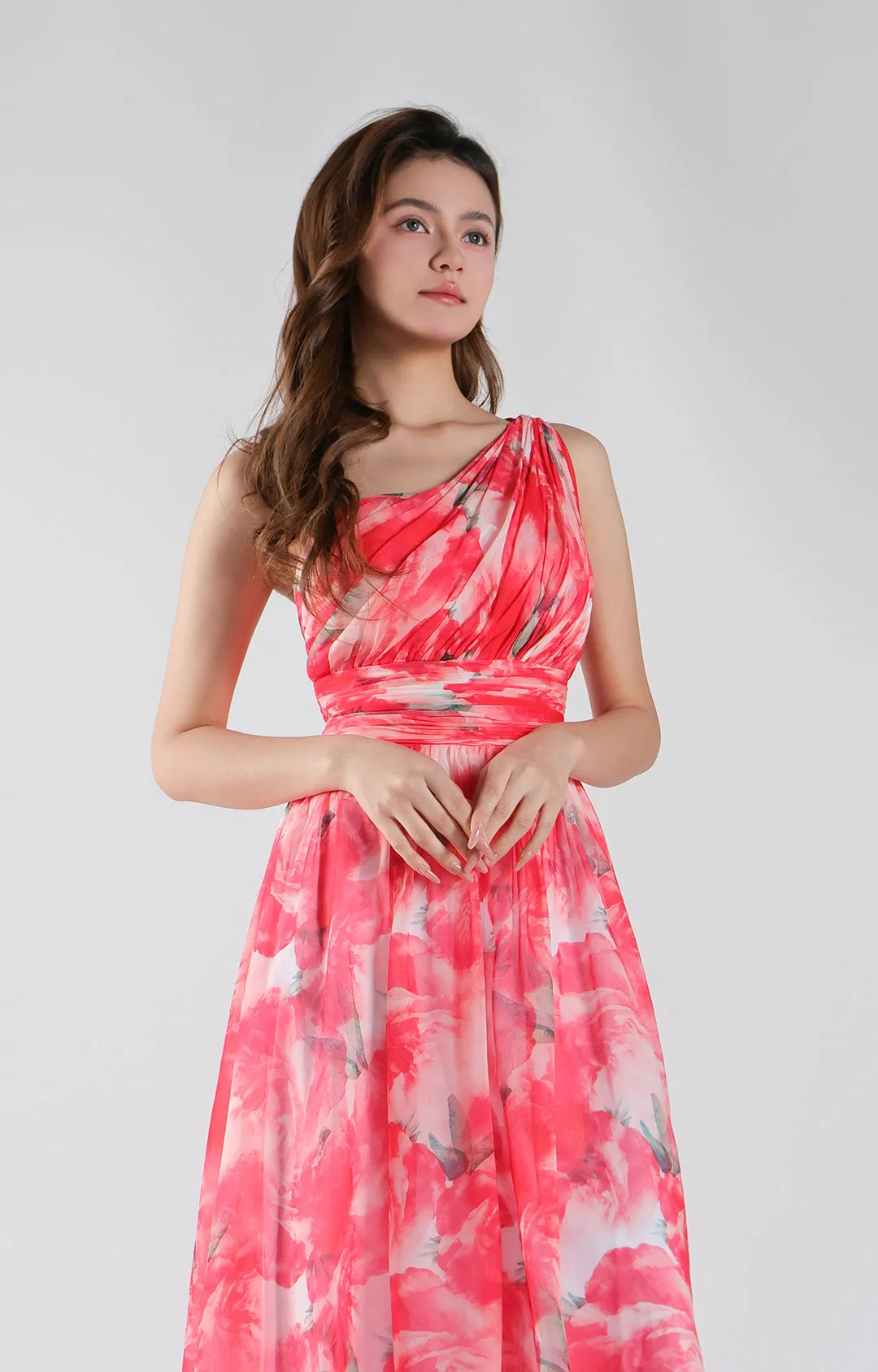 One Shoulder Floral Print Pleated Waist Dresses