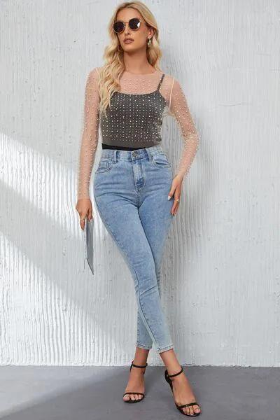 Pearl Mesh Log Sleeve Cropped Top