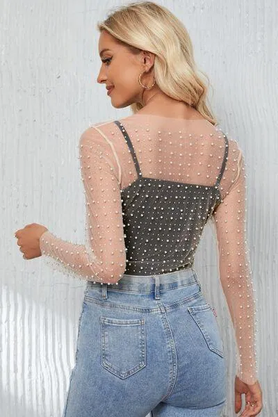 Pearl Mesh Log Sleeve Cropped Top
