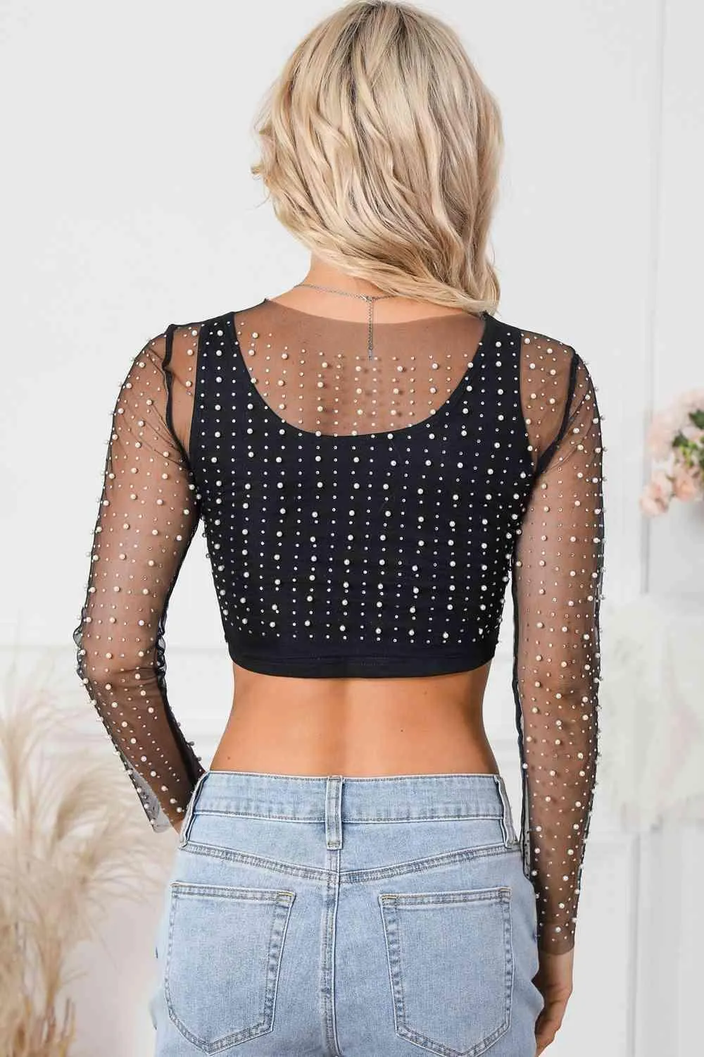 Pearl Mesh Log Sleeve Cropped Top