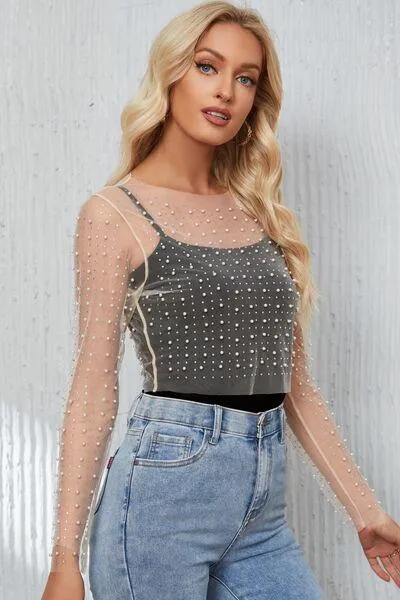 Pearl Mesh Log Sleeve Cropped Top