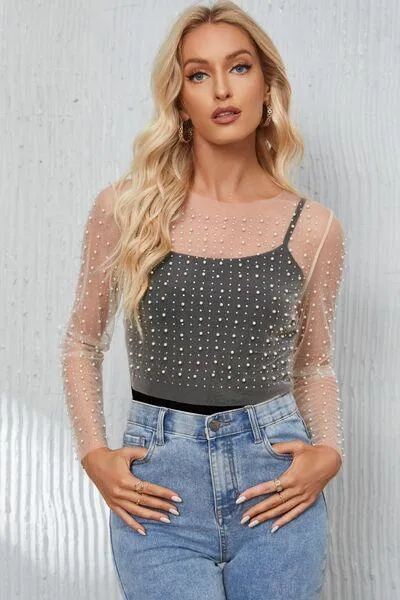 Pearl Mesh Log Sleeve Cropped Top