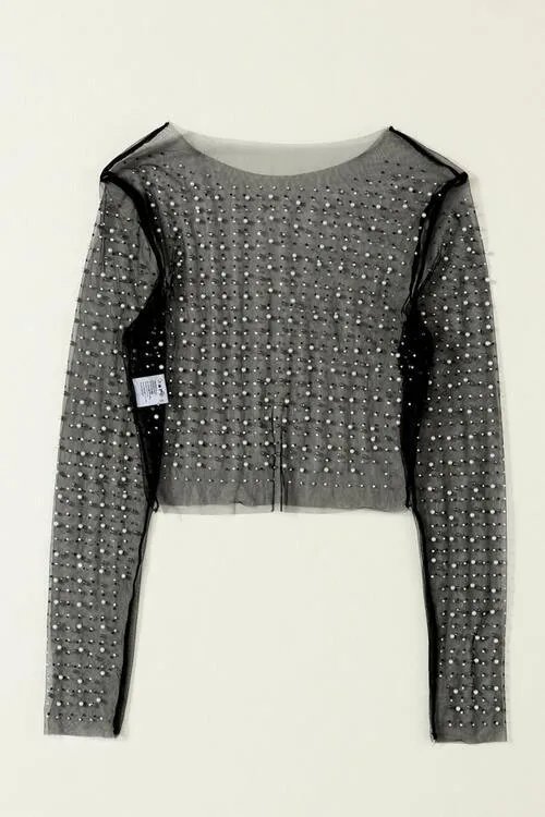 Pearl Mesh Log Sleeve Cropped Top