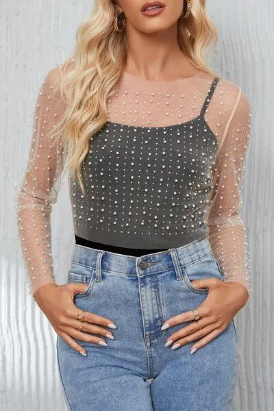 Pearl Mesh Log Sleeve Cropped Top