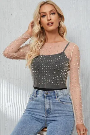 Pearl Mesh Log Sleeve Cropped Top