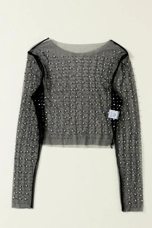 Pearl Mesh Log Sleeve Cropped Top