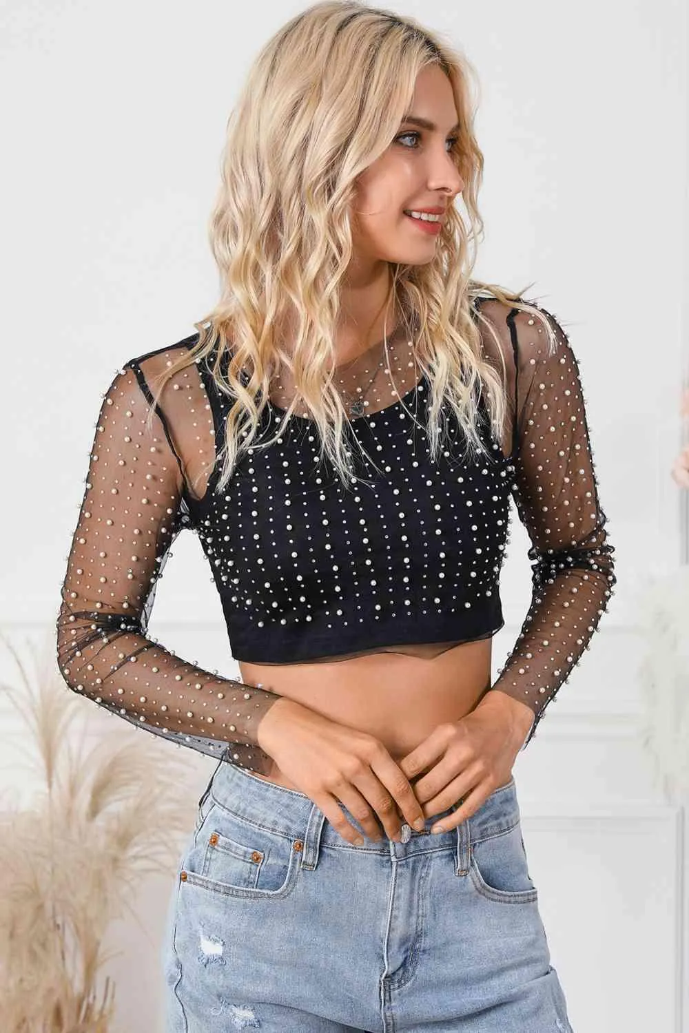 Pearl Mesh Log Sleeve Cropped Top