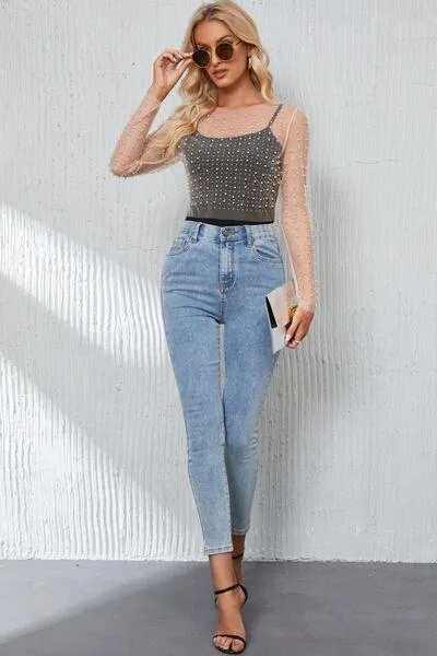 Pearl Mesh Log Sleeve Cropped Top