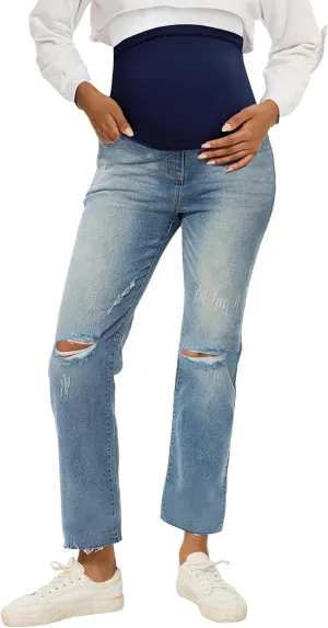 Peauty Maternity Ripped Jeans Frayed Hem Update Straight Leg Jeans Comfortable Stretch Over The Belly Support Pregnancy-Pants