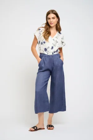 Pistache Cropped Linen Button Down - Floral Print
