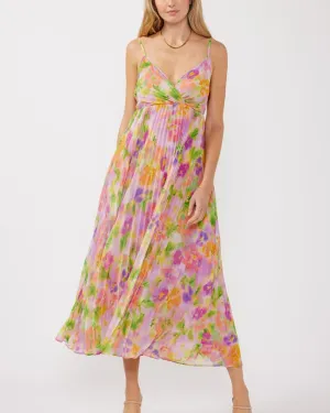 Pleated Floral Maxi Dress with Back Tie - Lilac/Coral