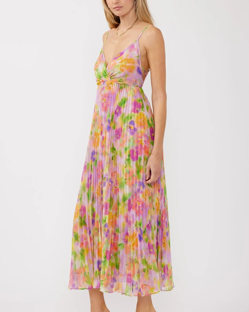 Pleated Floral Maxi Dress with Back Tie - Lilac/Coral
