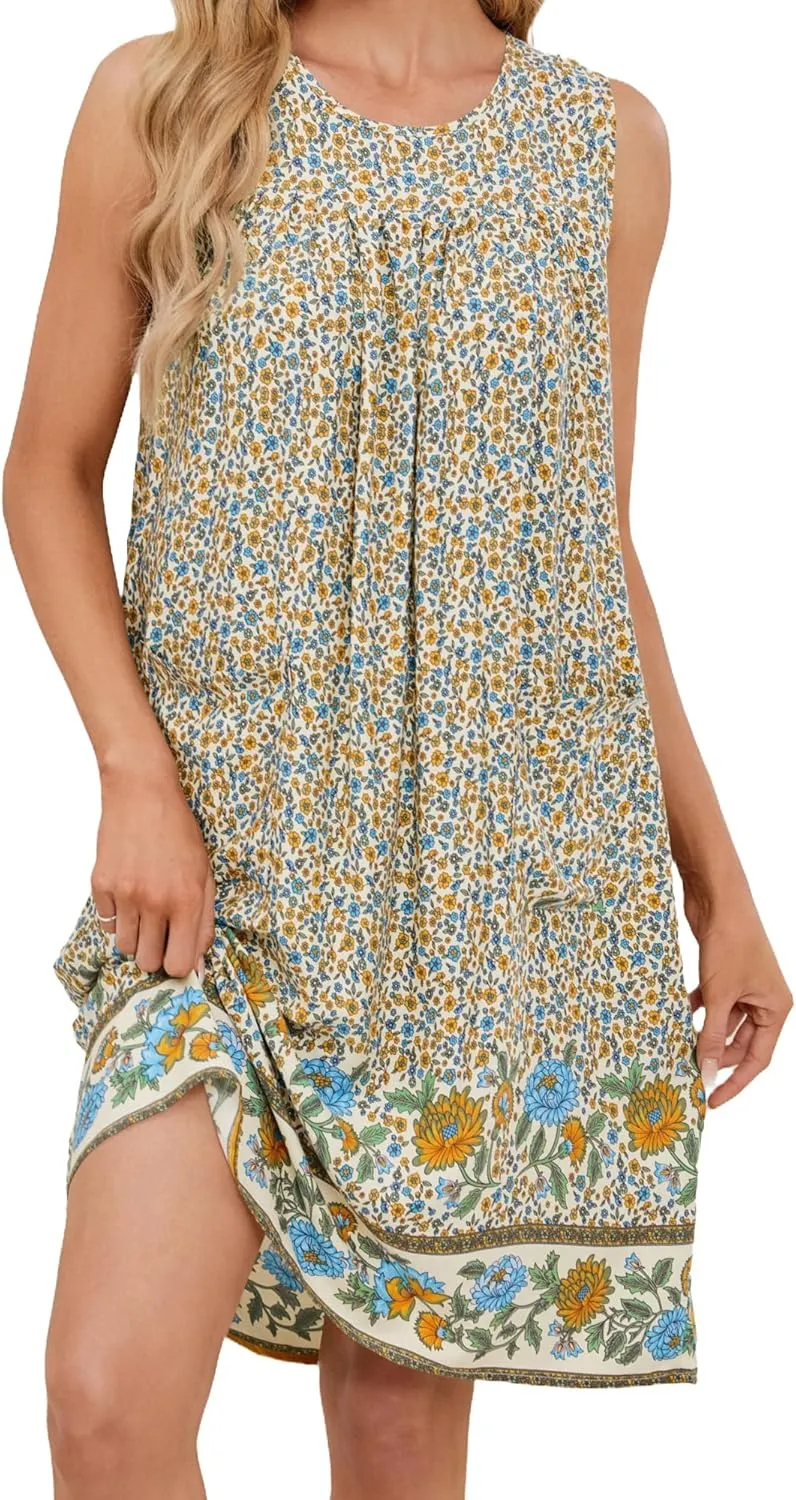 POGTMM Women Sleeveless Shift Dress Sundress Floral Print House Dresses for Women with Pockets