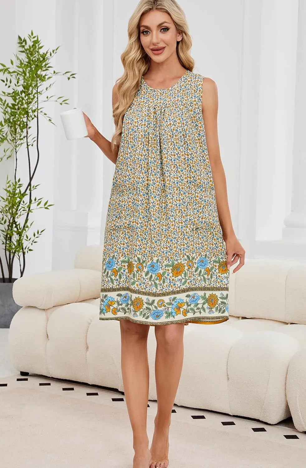 POGTMM Women Sleeveless Shift Dress Sundress Floral Print House Dresses for Women with Pockets