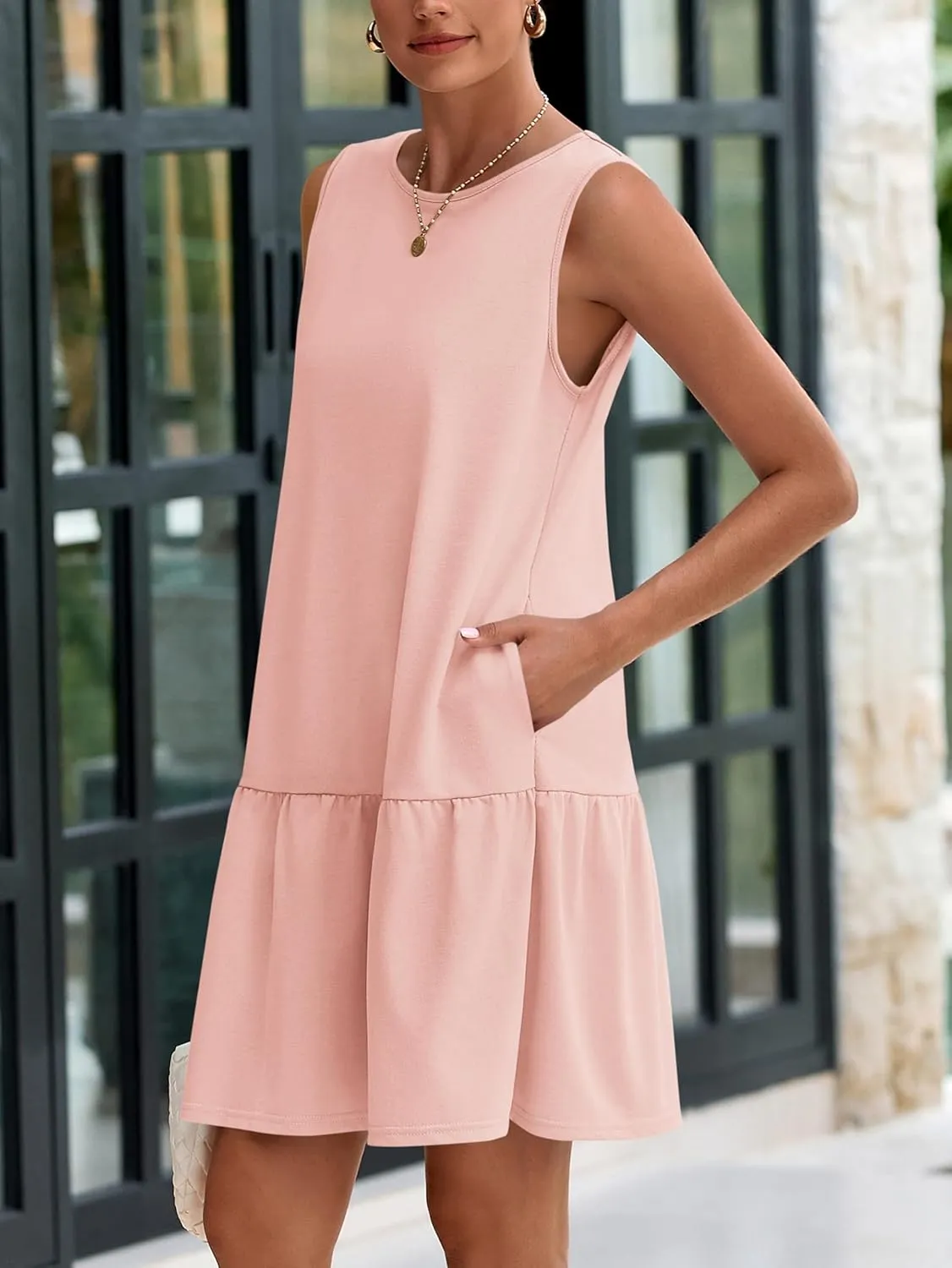 PRETTYGARDEN Casual Short Summer Dresses for Women 2025 Sleeveless Crewneck Cute Ruffle Loose Vacation Mini Tshirt Dress