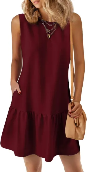 PRETTYGARDEN Casual Short Summer Dresses for Women 2025 Sleeveless Crewneck Cute Ruffle Loose Vacation Mini Tshirt Dress