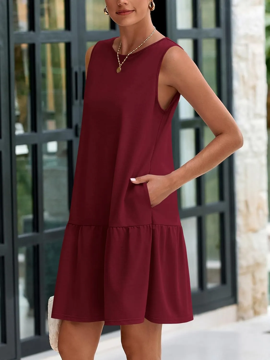 PRETTYGARDEN Casual Short Summer Dresses for Women 2025 Sleeveless Crewneck Cute Ruffle Loose Vacation Mini Tshirt Dress