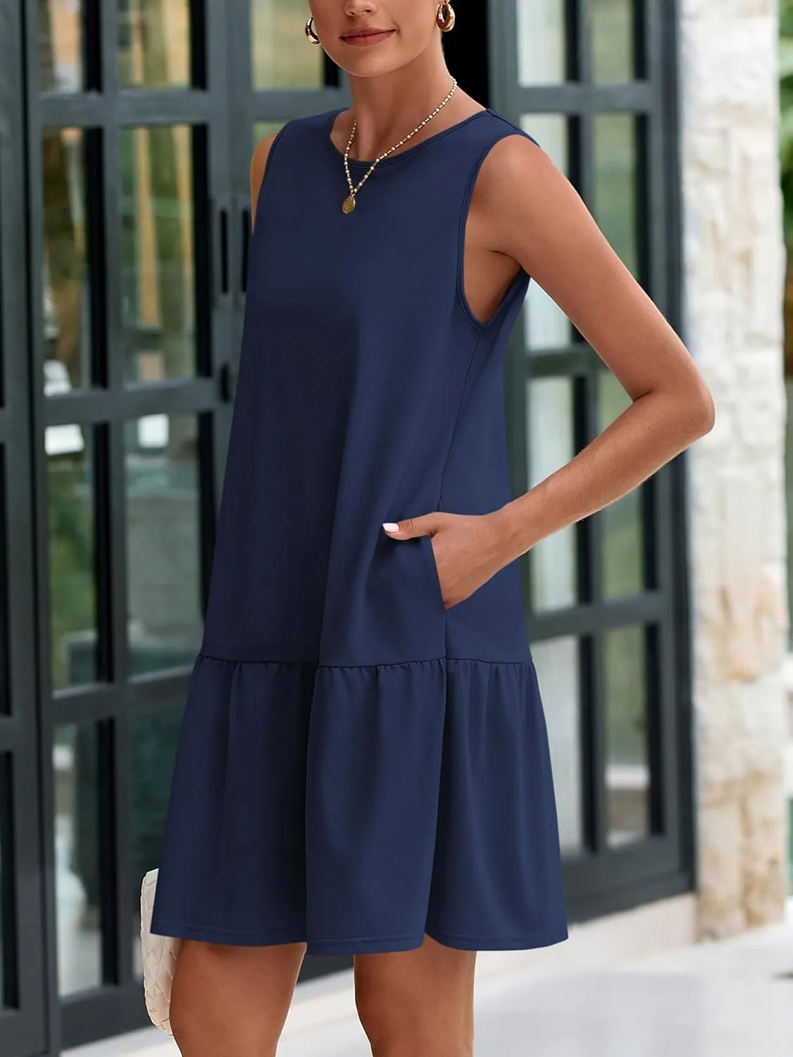 PRETTYGARDEN Casual Short Summer Dresses for Women 2025 Sleeveless Crewneck Cute Ruffle Loose Vacation Mini Tshirt Dress