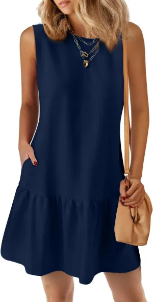 PRETTYGARDEN Casual Short Summer Dresses for Women 2025 Sleeveless Crewneck Cute Ruffle Loose Vacation Mini Tshirt Dress