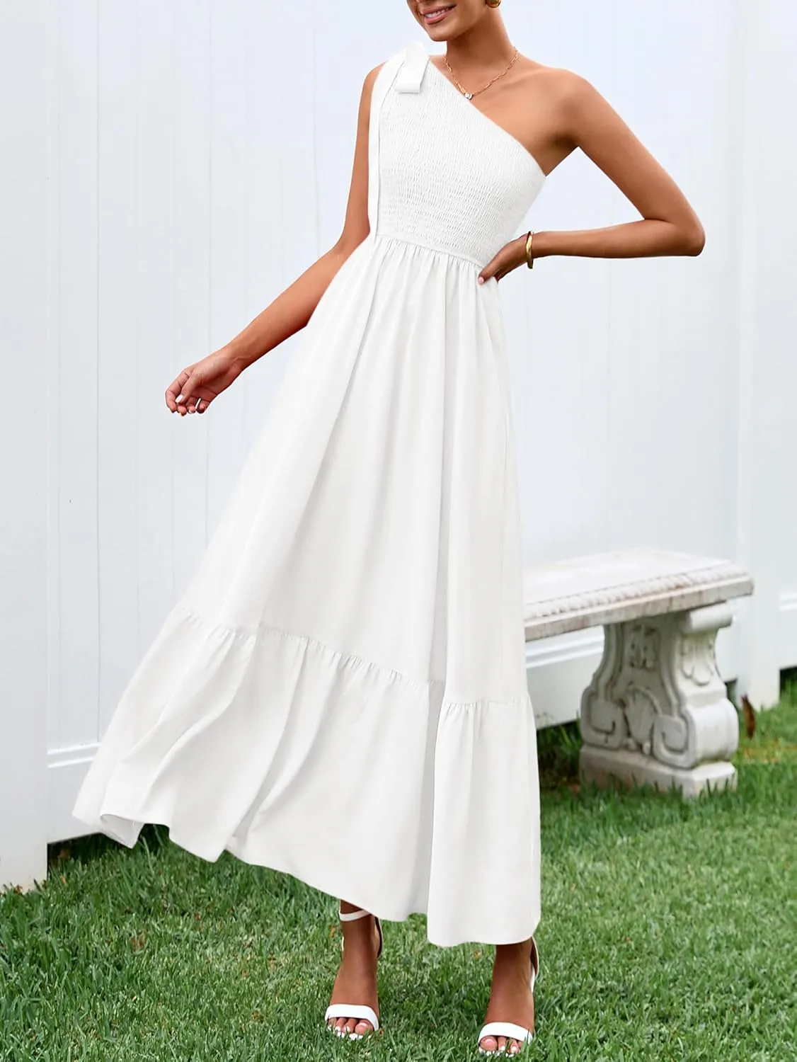 PRETTYGARDEN Womens One Shoulder Summer Maxi Dress Smocked Flowy Boho Beach Long Sundress Sleeveless Wedding Guest Dresses