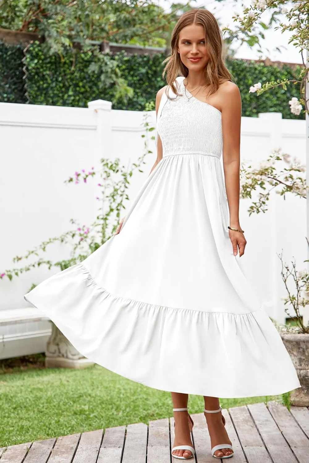 PRETTYGARDEN Womens One Shoulder Summer Maxi Dress Smocked Flowy Boho Beach Long Sundress Sleeveless Wedding Guest Dresses