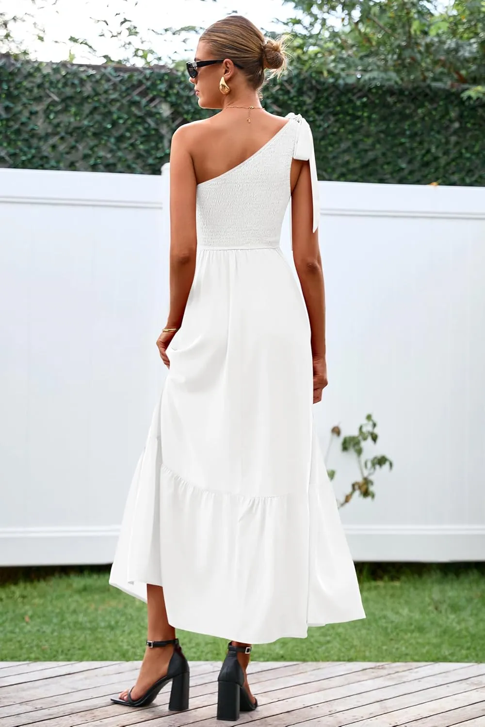 PRETTYGARDEN Womens One Shoulder Summer Maxi Dress Smocked Flowy Boho Beach Long Sundress Sleeveless Wedding Guest Dresses