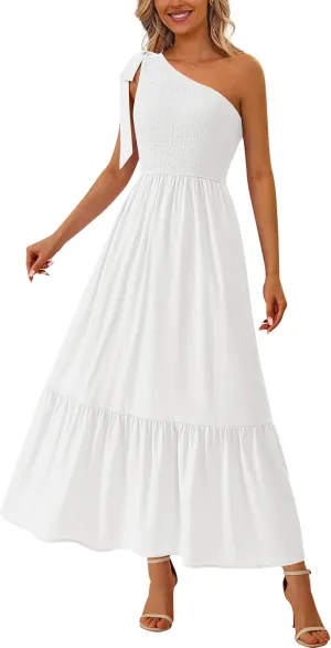 PRETTYGARDEN Womens One Shoulder Summer Maxi Dress Smocked Flowy Boho Beach Long Sundress Sleeveless Wedding Guest Dresses