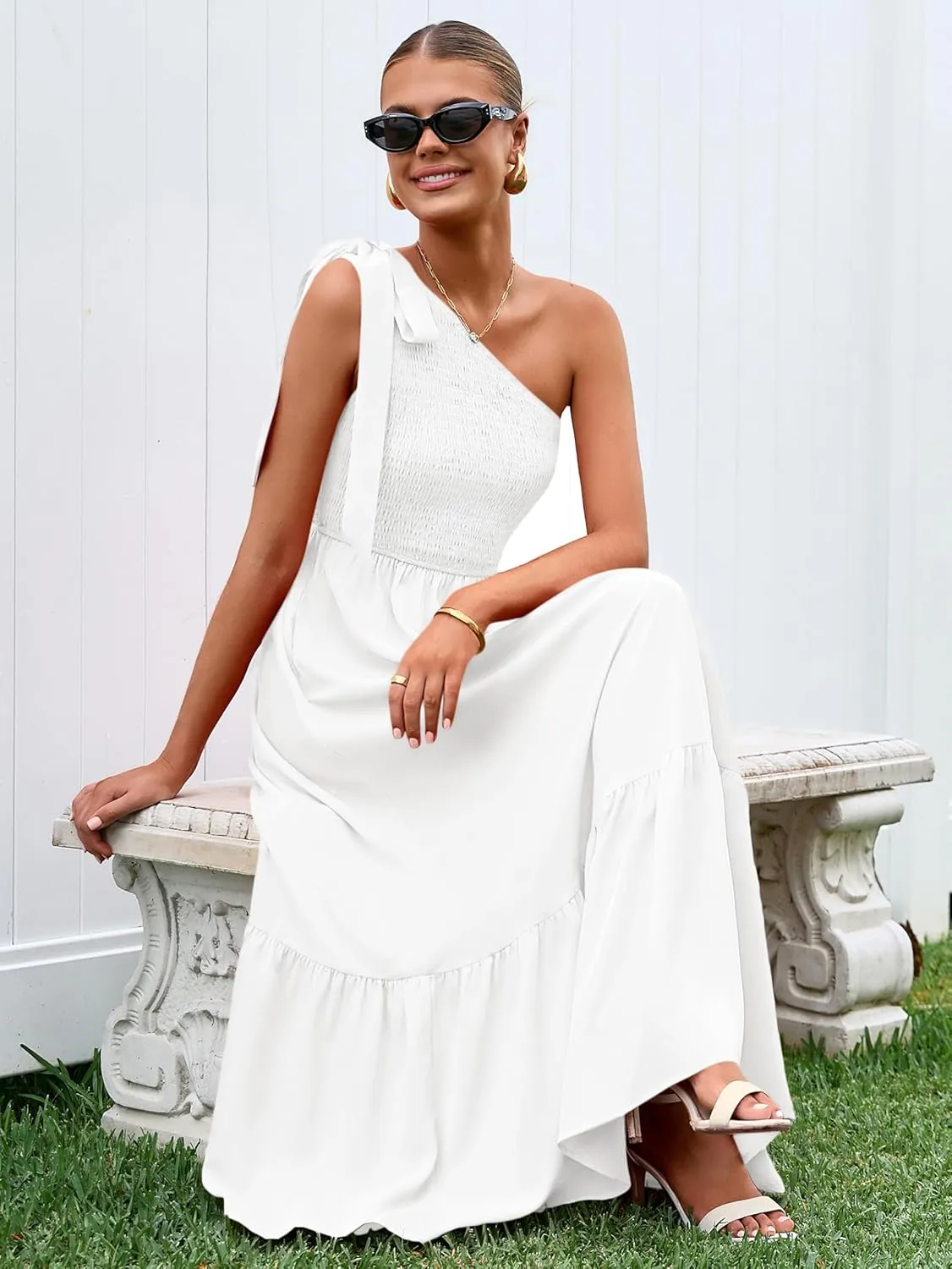 PRETTYGARDEN Womens One Shoulder Summer Maxi Dress Smocked Flowy Boho Beach Long Sundress Sleeveless Wedding Guest Dresses