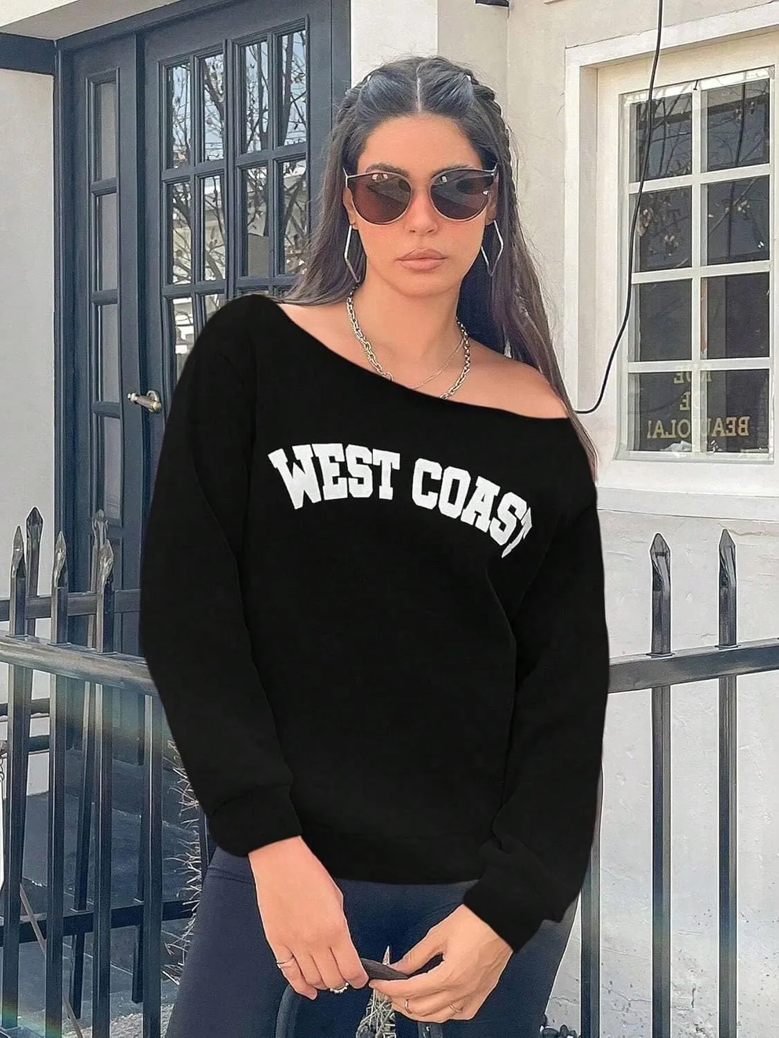 QUCH Womens Oversized Sweatshirt Off Shoulder Sweatshirt Casual Long Sleeve Pullover Sweatshirt Fall Sweaters Shirts Top