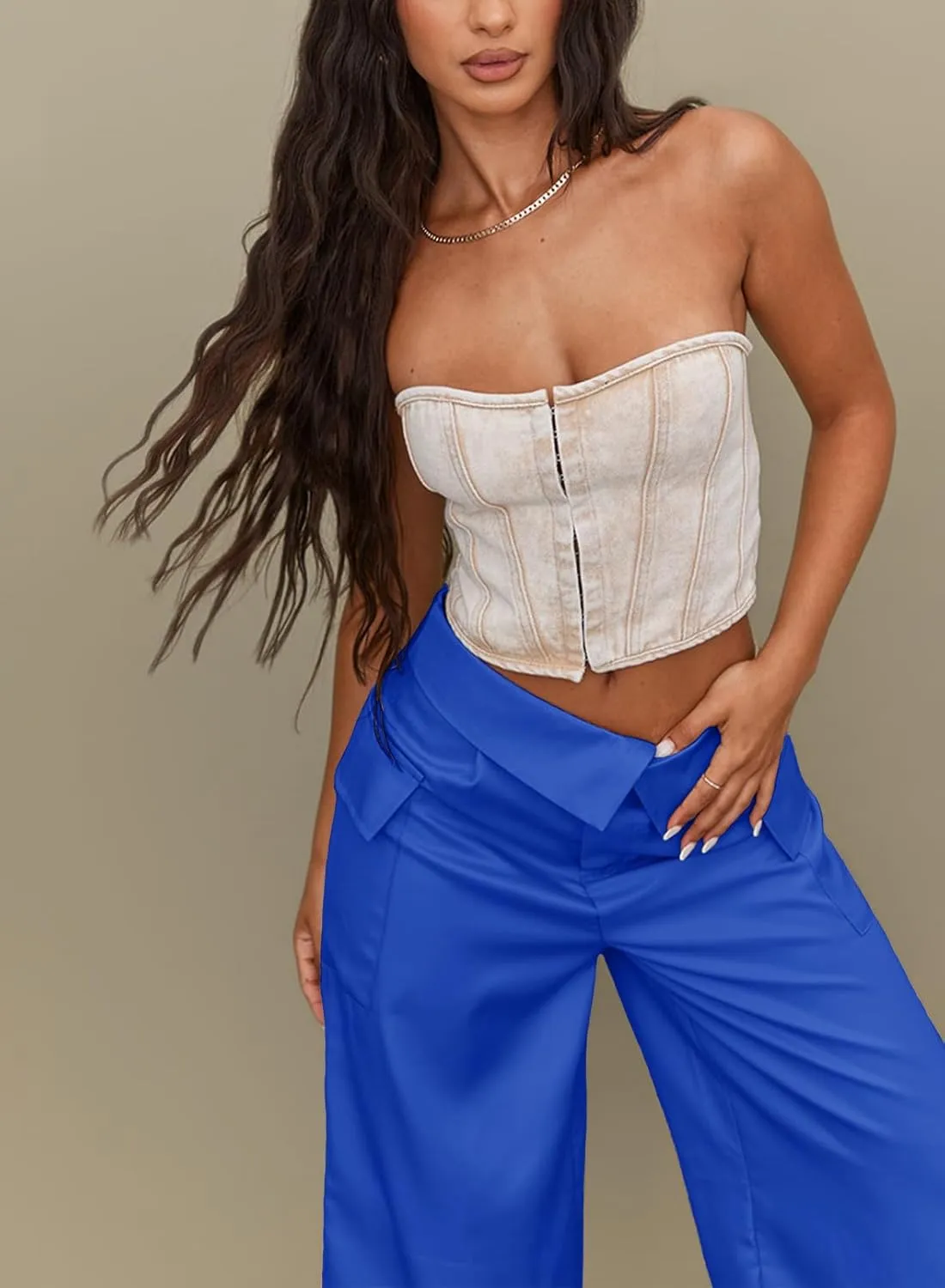 RAISECOM Cargo Pants for Women Lapel Waist Parachute Pants Casual Straight Pants with Flap Pockets