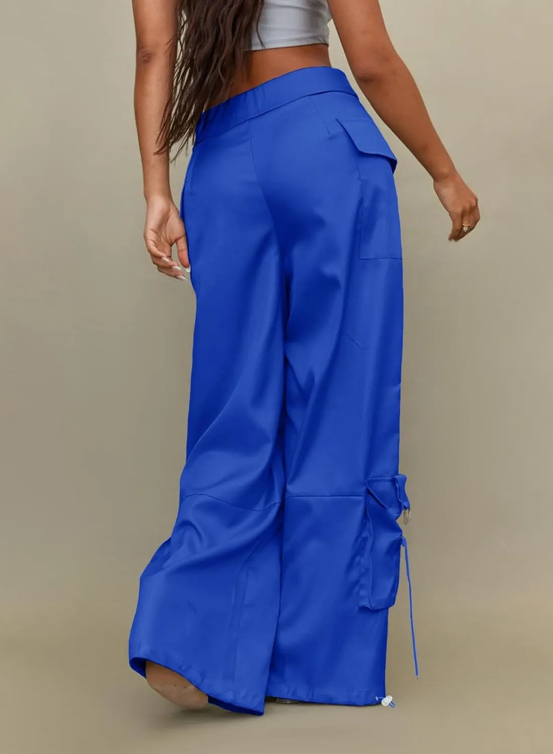 RAISECOM Cargo Pants for Women Lapel Waist Parachute Pants Casual Straight Pants with Flap Pockets