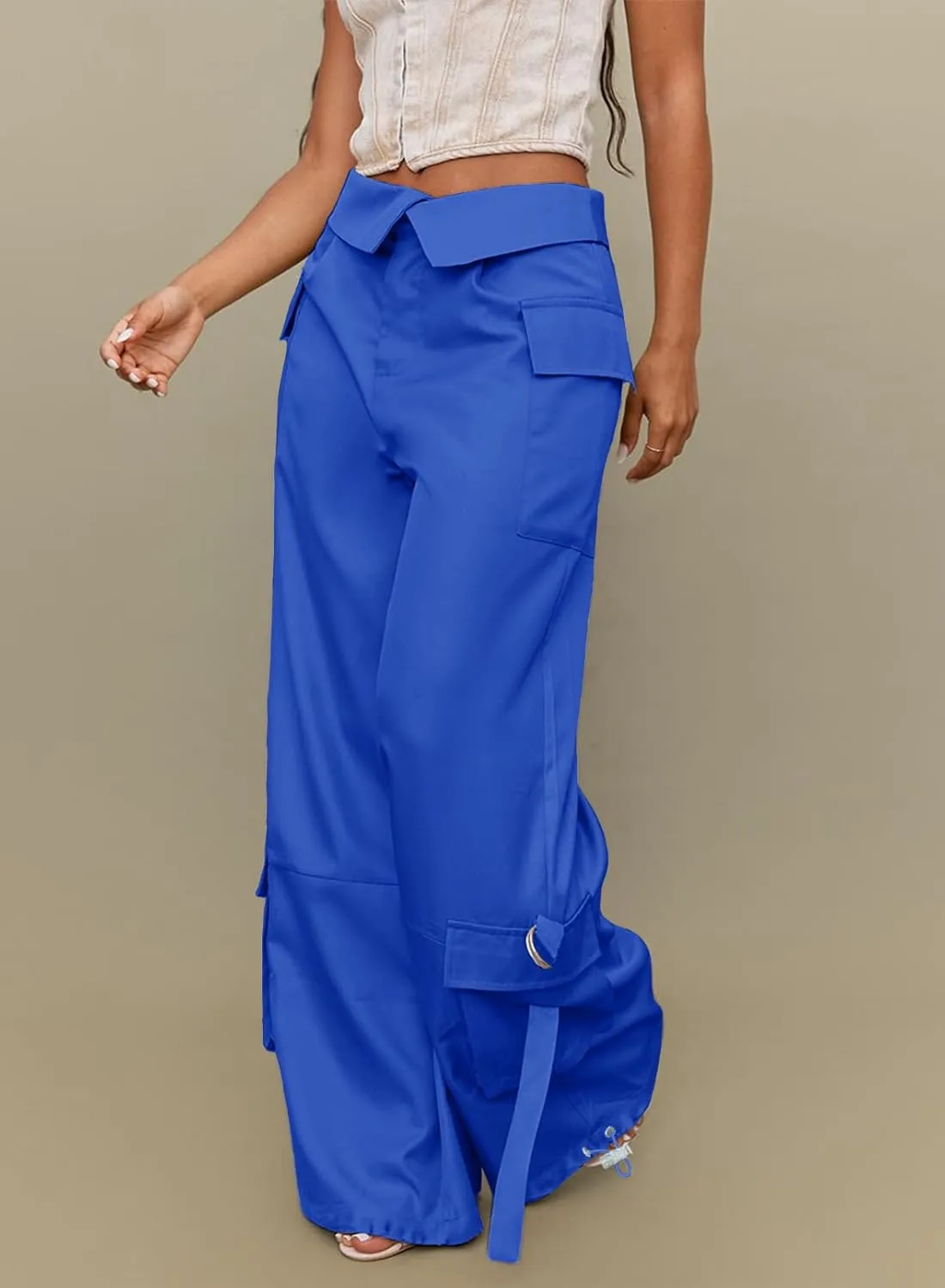 RAISECOM Cargo Pants for Women Lapel Waist Parachute Pants Casual Straight Pants with Flap Pockets